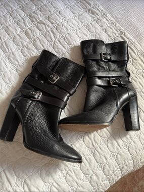 Coach Black Leather Buckle Strap High-Heel Ankle Boots